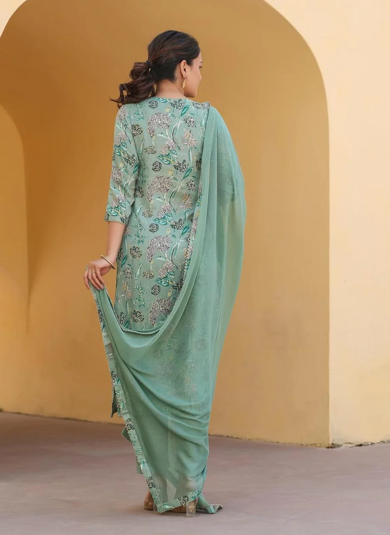 GoSriKi GoSriKi Women's Rayon Blend Printed Straight Kurta with Pant & Dupatta (VICE Green-GS_3XL_Green_XXX-Large)